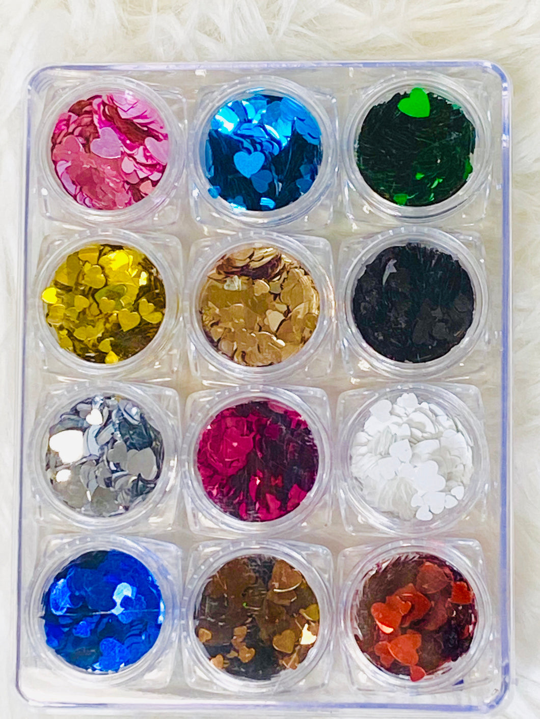 SHINE- SEQUIN GLITTER CHROME Mix Sizes Hearts - 12 Colors Set